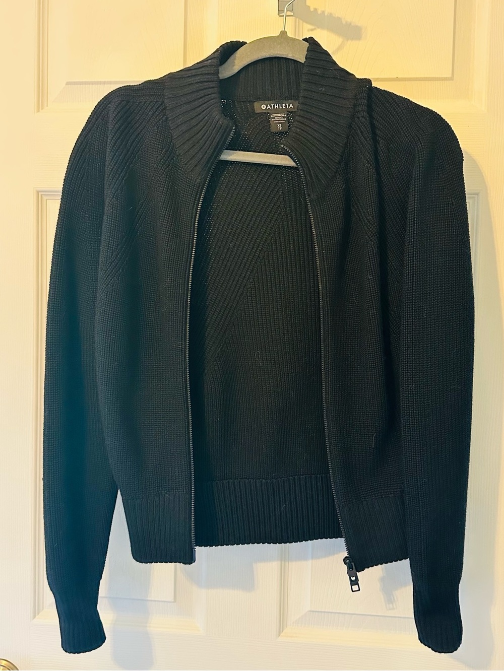 Athleta black knit zip up moto sweater XS petite